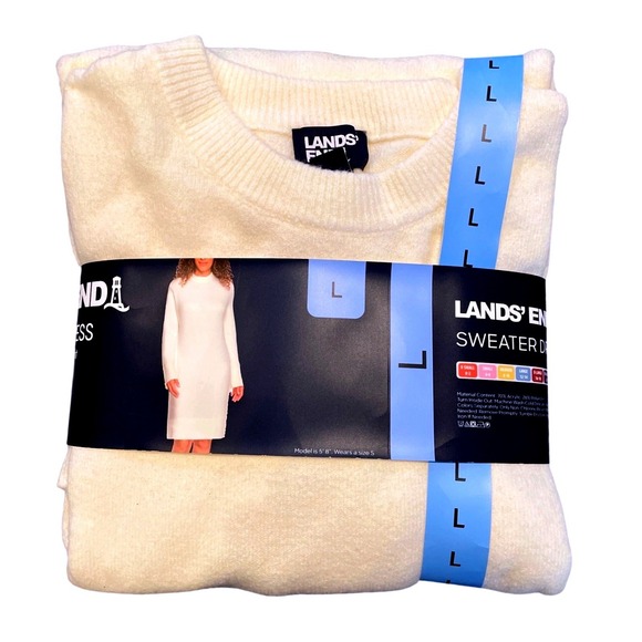 Lands' End Dresses & Skirts - Lands End Sweater Dress Large Vanilla New Crew Neck Long Sleeve Relaxed Fit‎ New